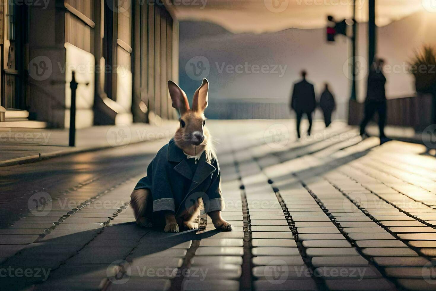 a rabbit in a suit sitting on the street. AI-Generated photo