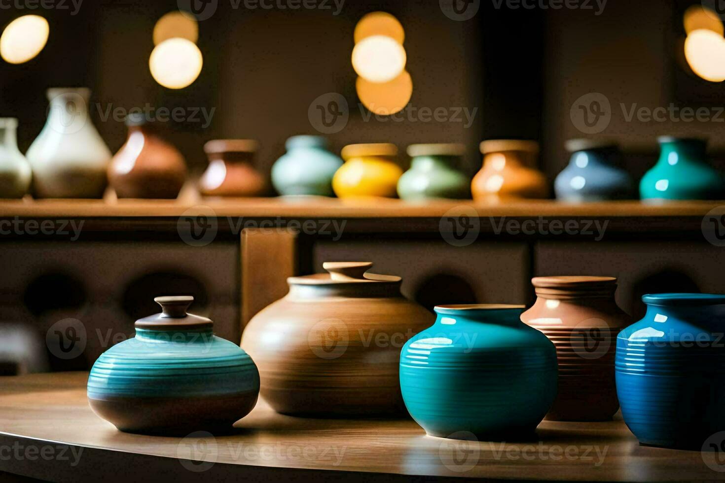 a row of colorful vases on a wooden table. AI-Generated photo