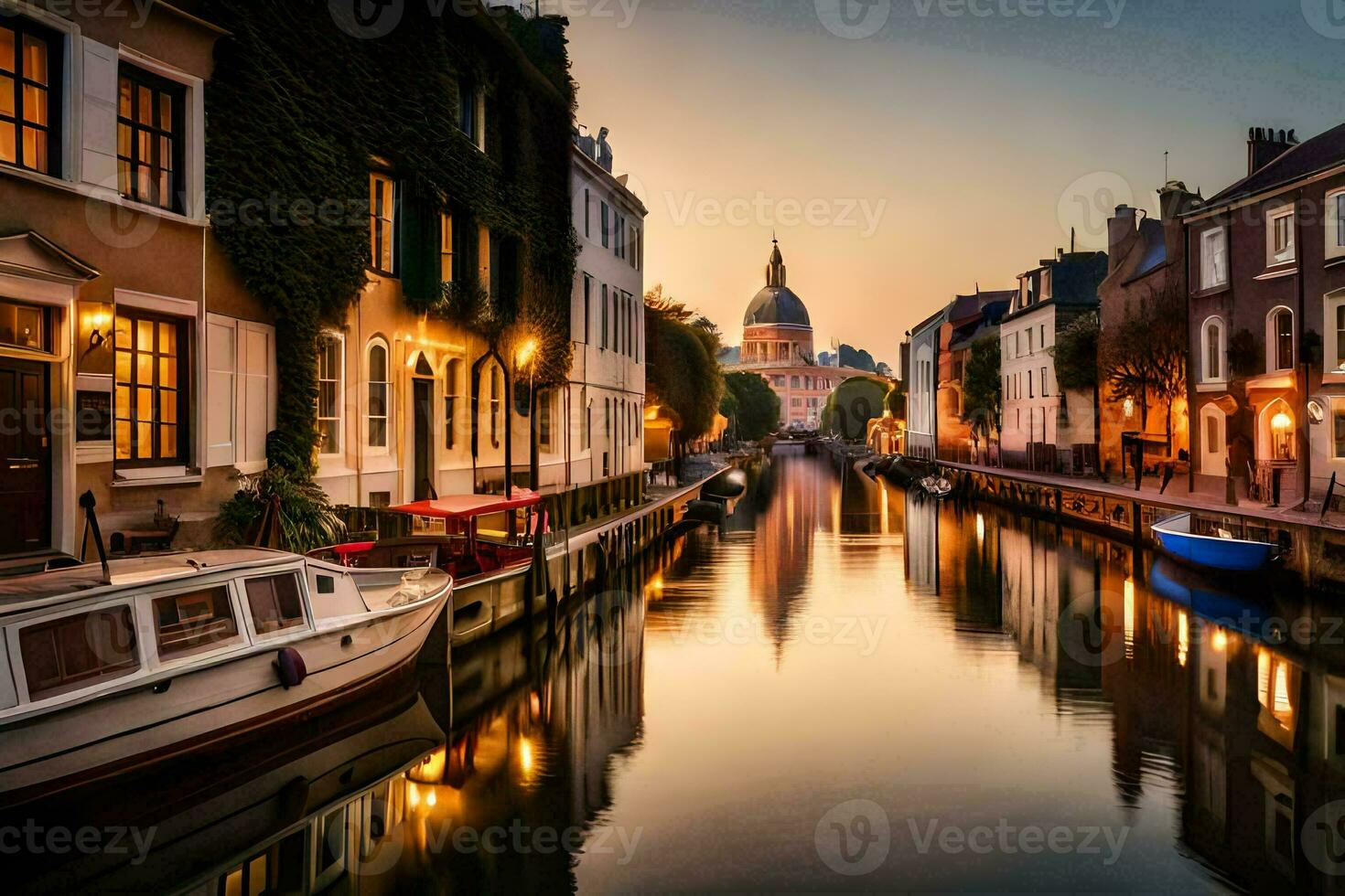 a canal in the middle of a city with boats. AI-Generated photo