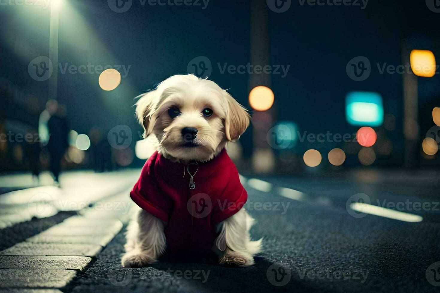 a small white dog wearing a red shirt on the street at night. AI-Generated photo