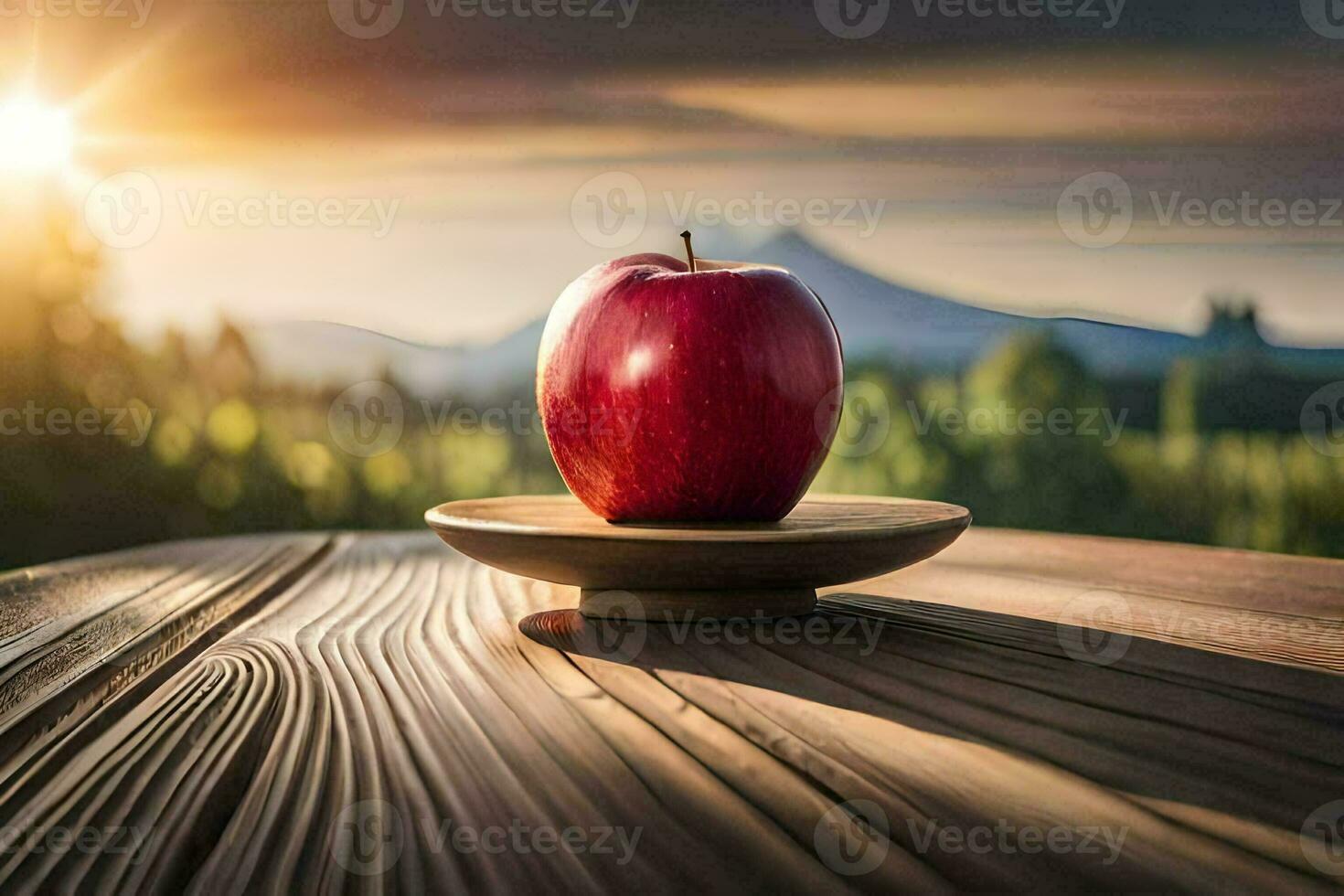an apple sits on a wooden table in front of a sunset. AI-Generated photo