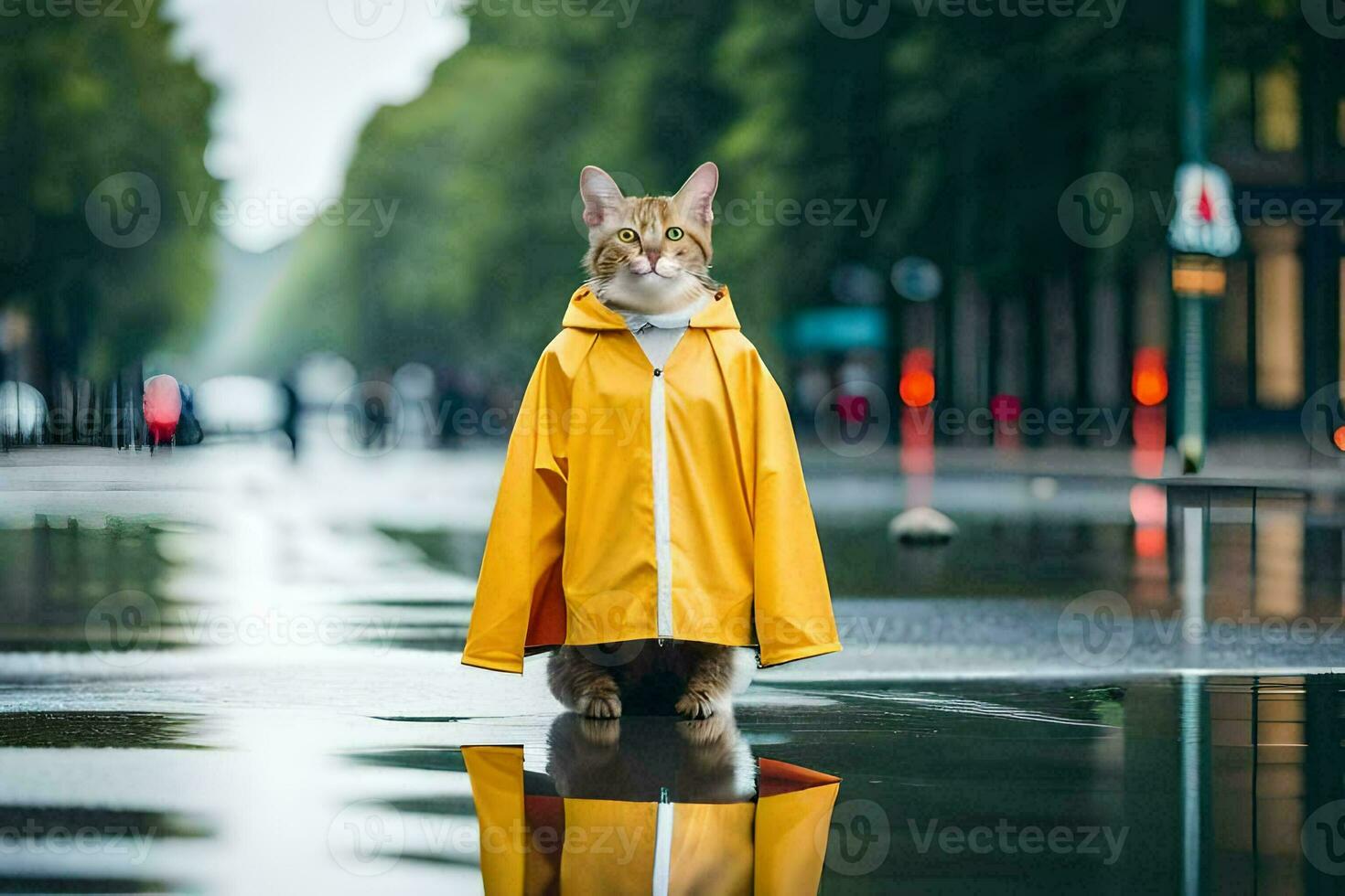 a cat wearing a raincoat standing on a wet street. AI-Generated photo