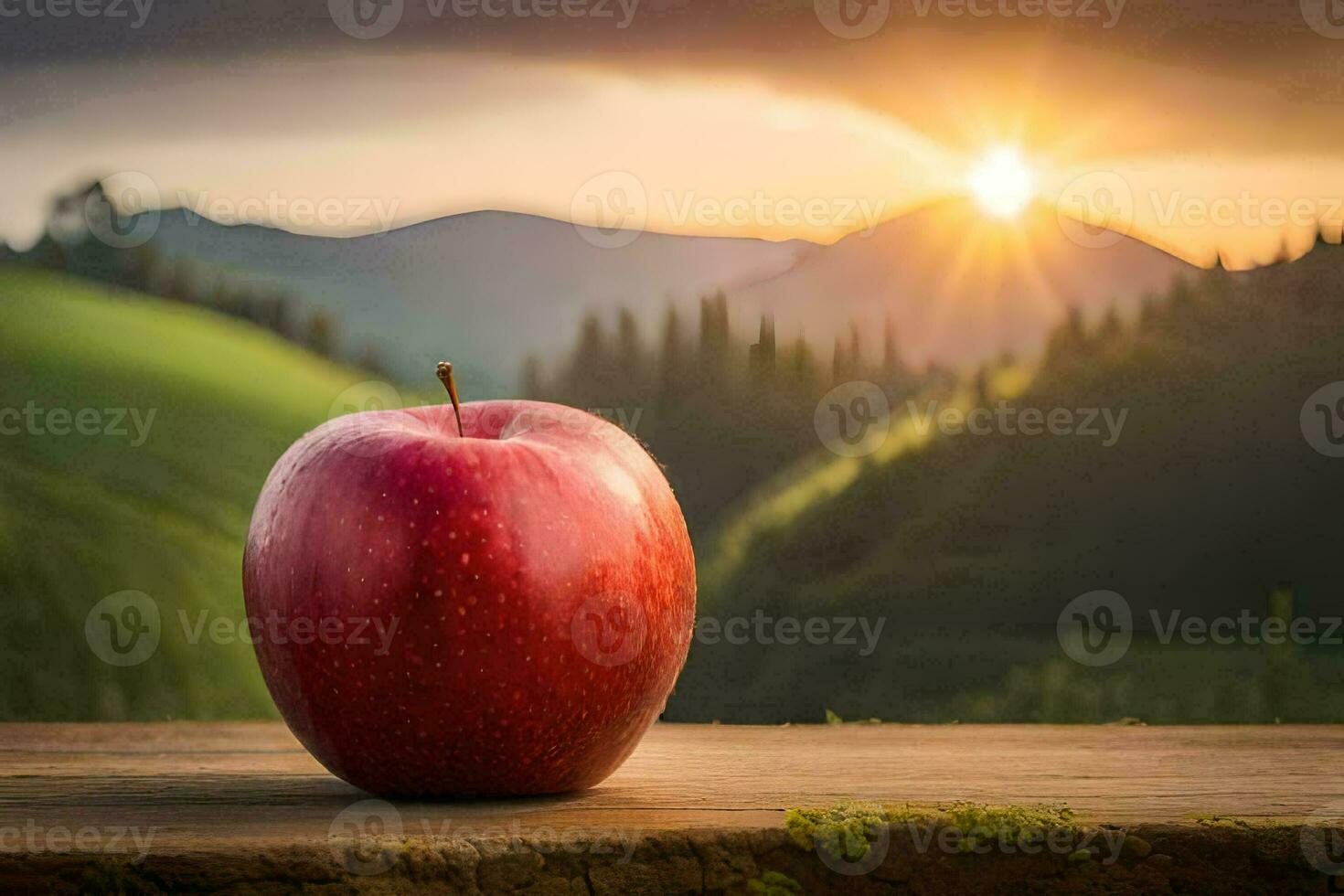 a red apple on a wooden table in front of a sunset. AI-Generated photo