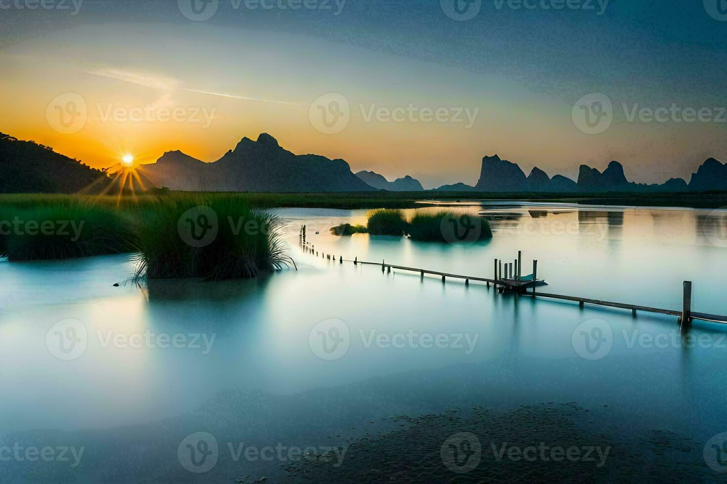 the sun rises over a lake and mountains. AI-Generated photo