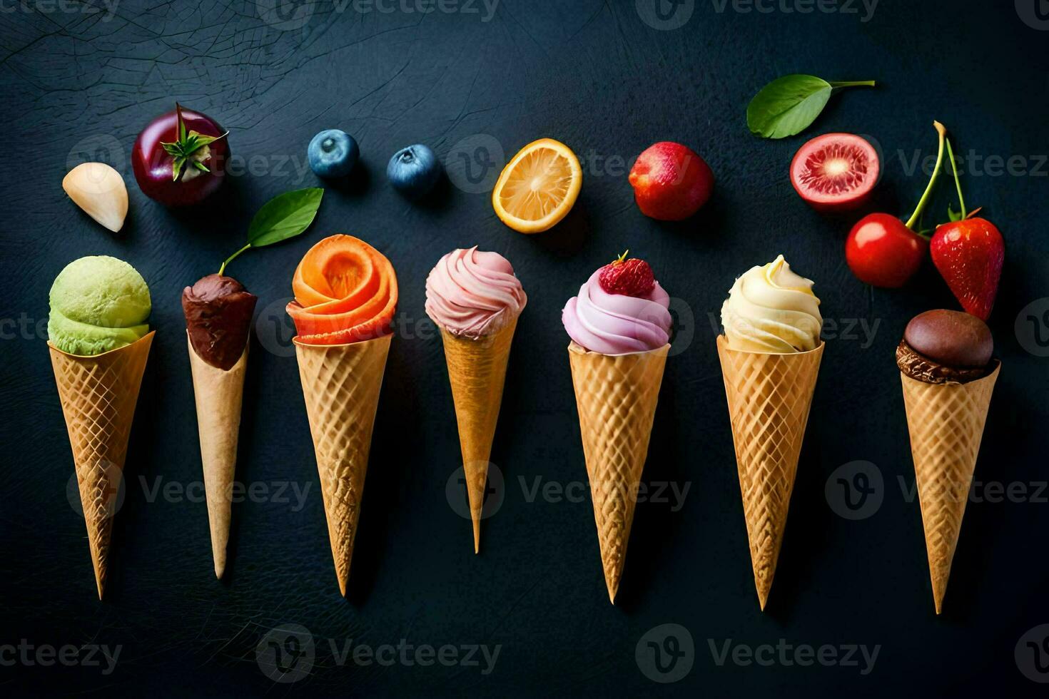 different types of ice cream in cones. AI-Generated photo