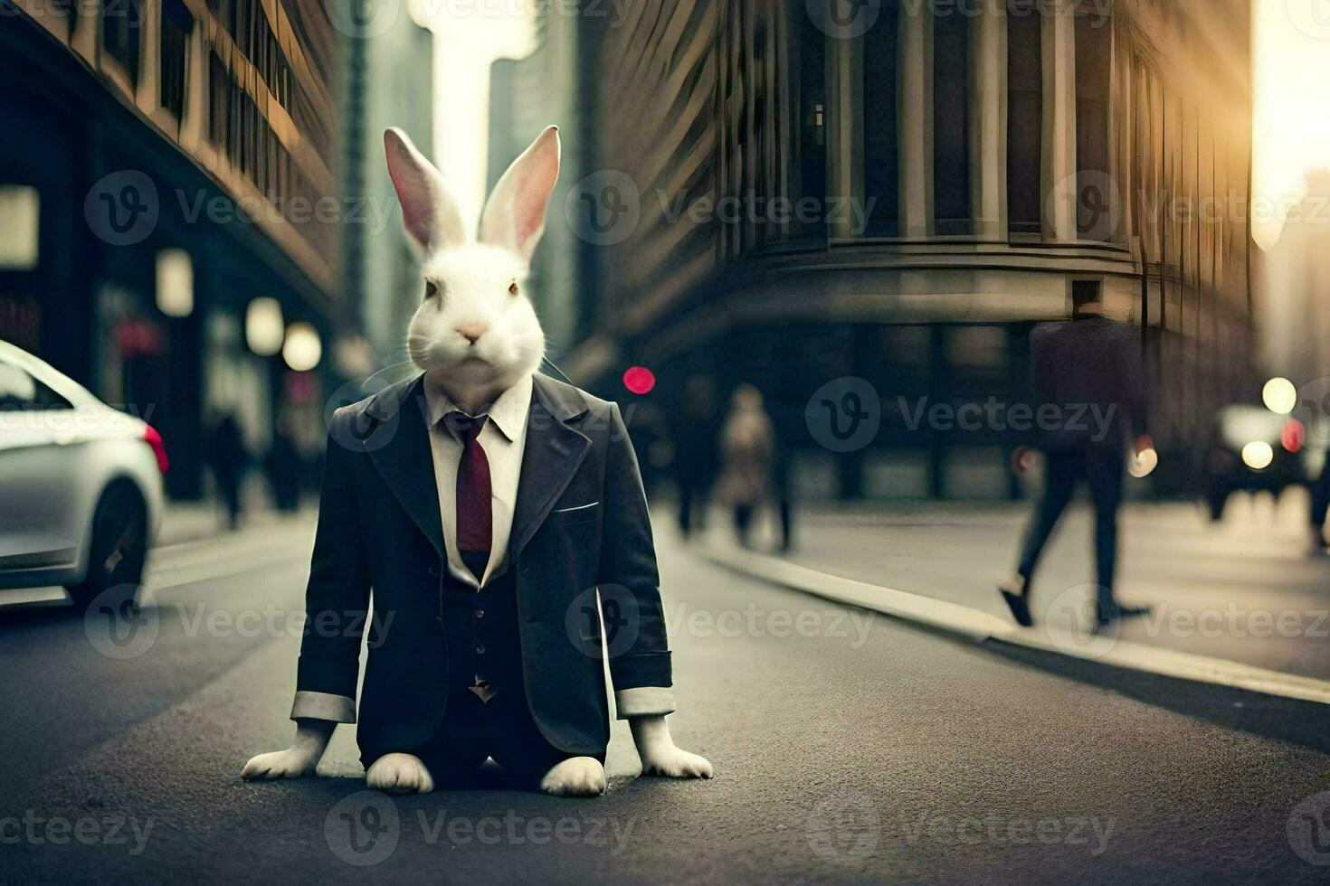 a rabbit dressed in a suit and tie sitting on the street. AI-Generated photo