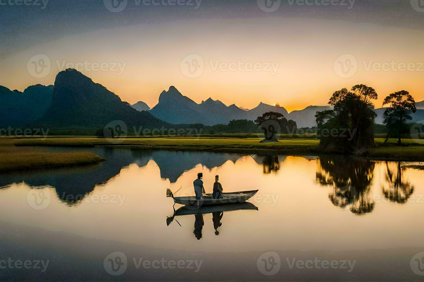 two people in a boat on a river at sunset. AI-Generated photo