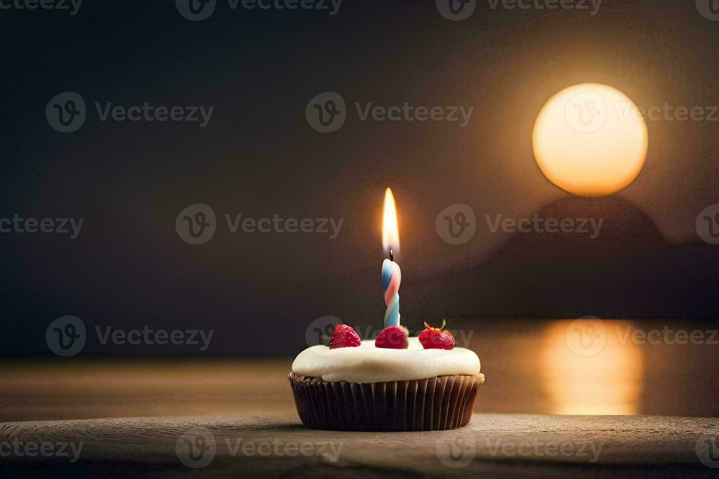 a cupcake with a single candle on top. AI-Generated photo