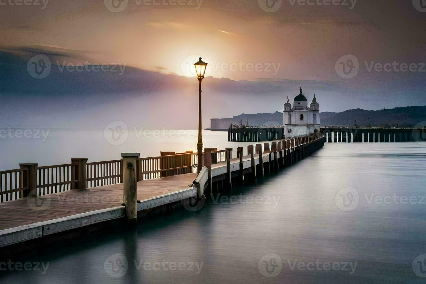 a pier with a lighthouse at sunset. AI-Generated photo