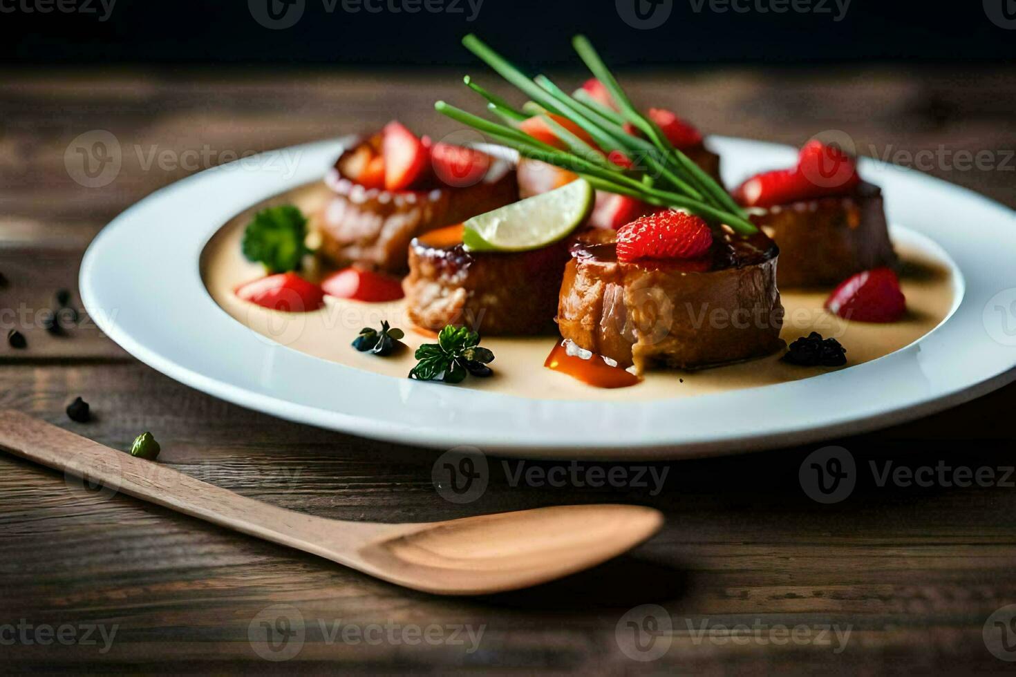 a plate with food on it and a spoon. AI-Generated photo