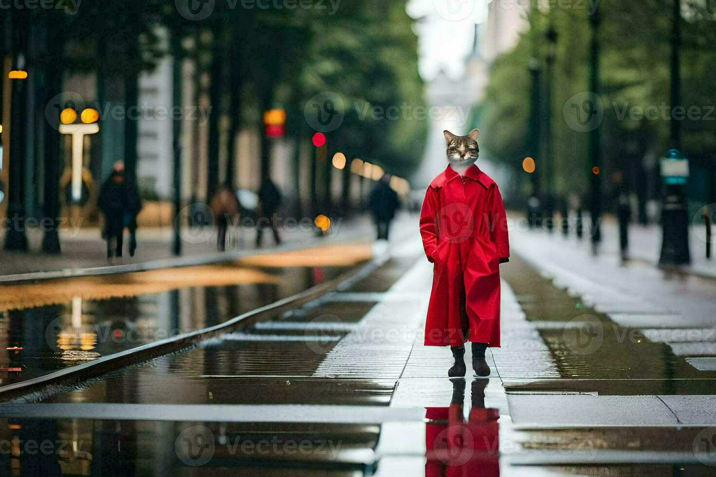 a fox wearing a red coat standing on a wet street. AI-Generated photo