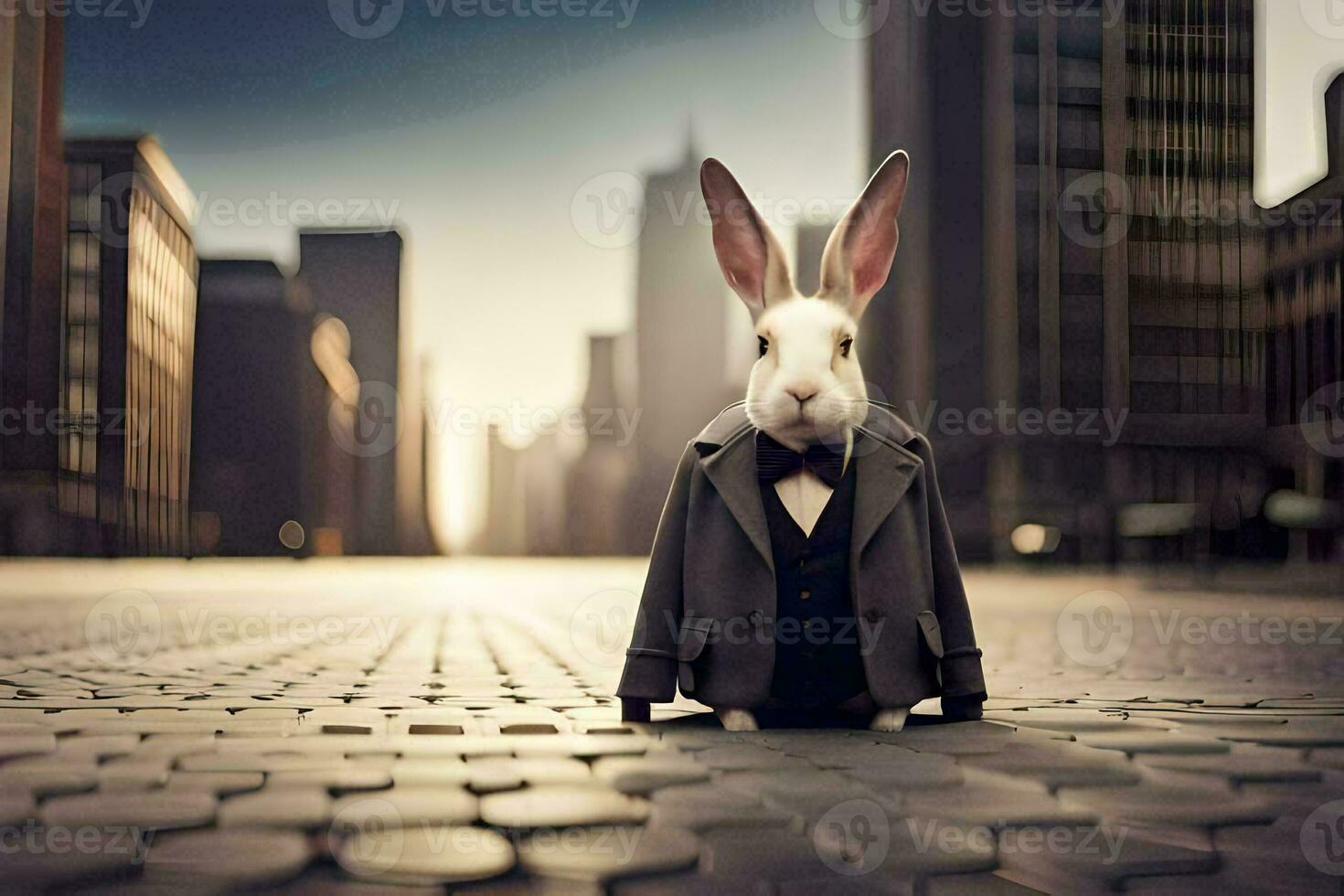 a rabbit wearing a suit and tie standing on a street. AI-Generated photo