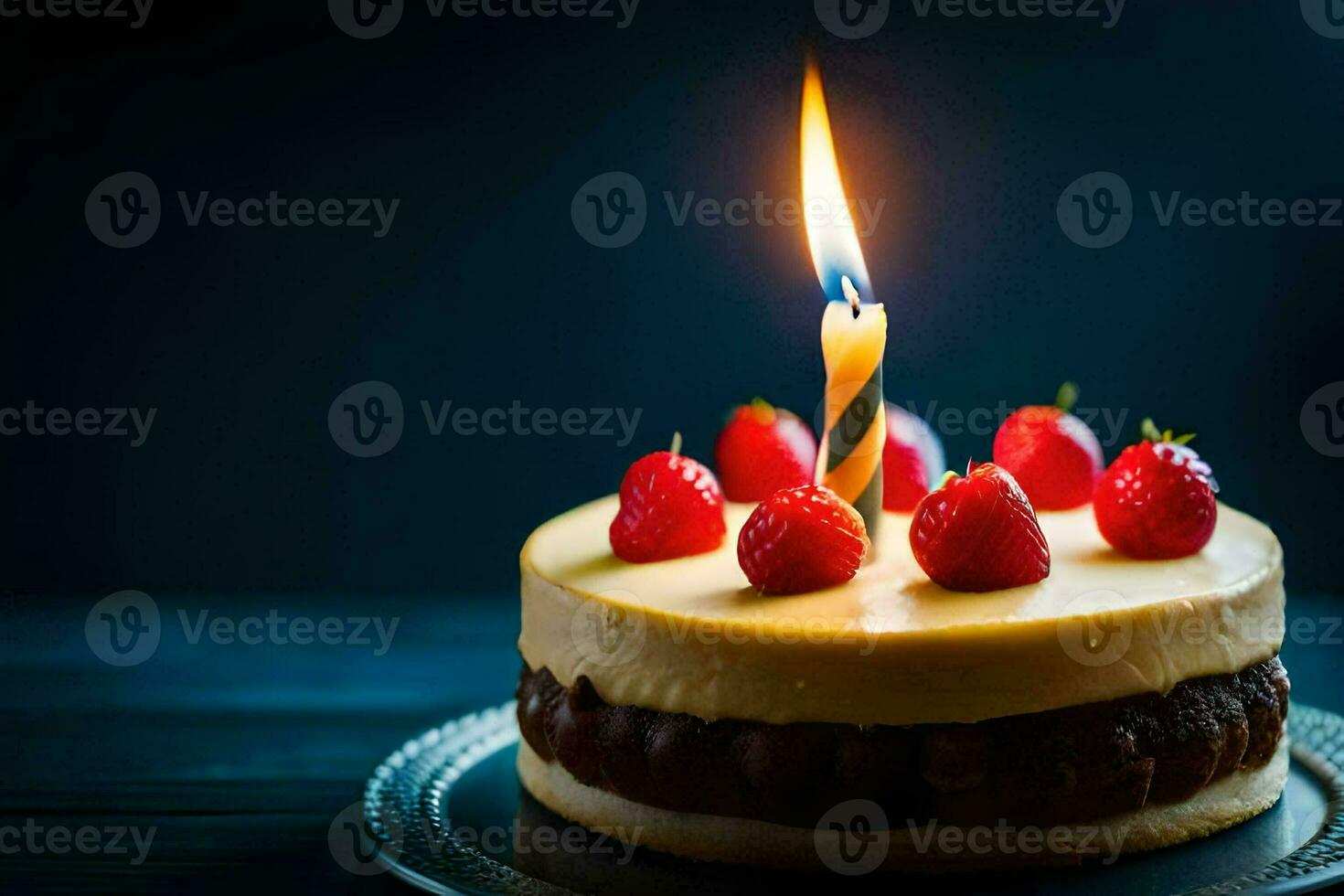 a birthday cake with a single candle on top. AI-Generated photo