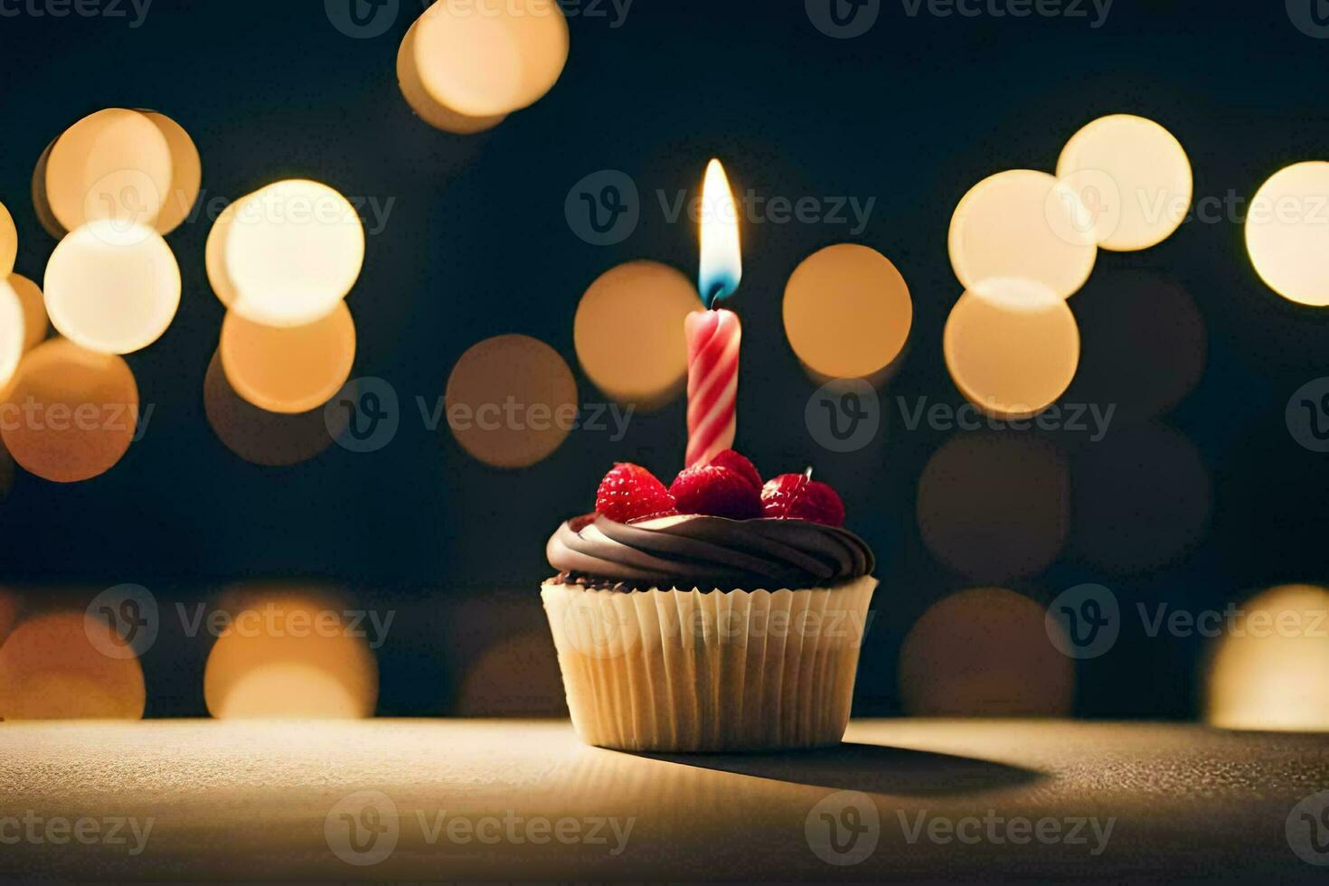 a cupcake with a single candle on top. AI-Generated photo