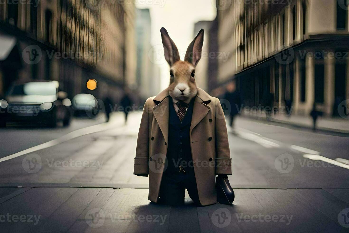 a rabbit wearing a coat and tie standing on the street. AI-Generated photo