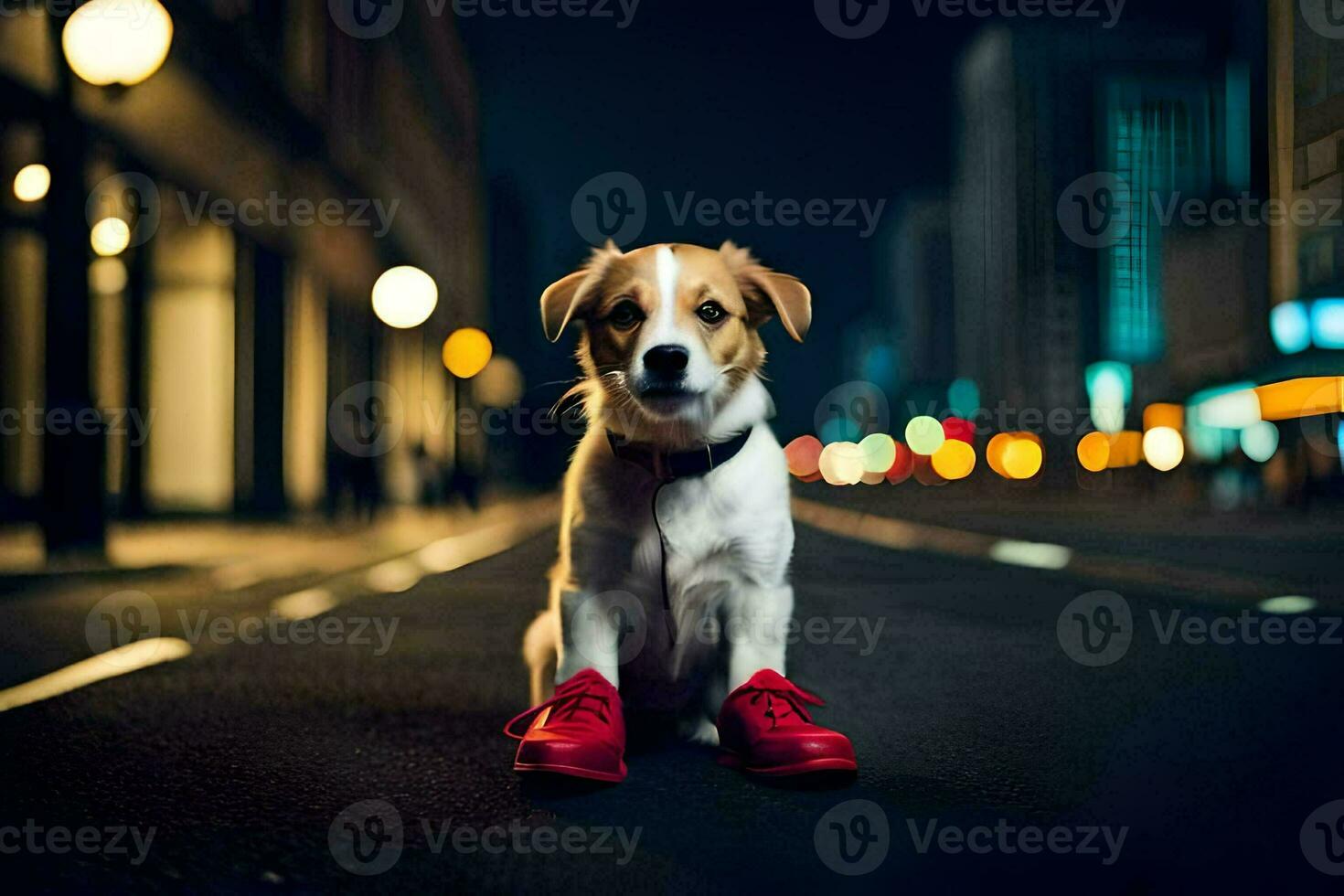 a dog wearing red shoes on the street at night. AI-Generated photo