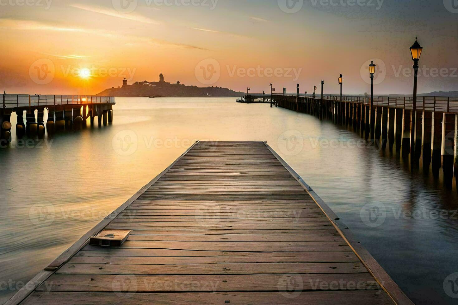 a pier at sunset with a lighthouse in the background. AI-Generated photo