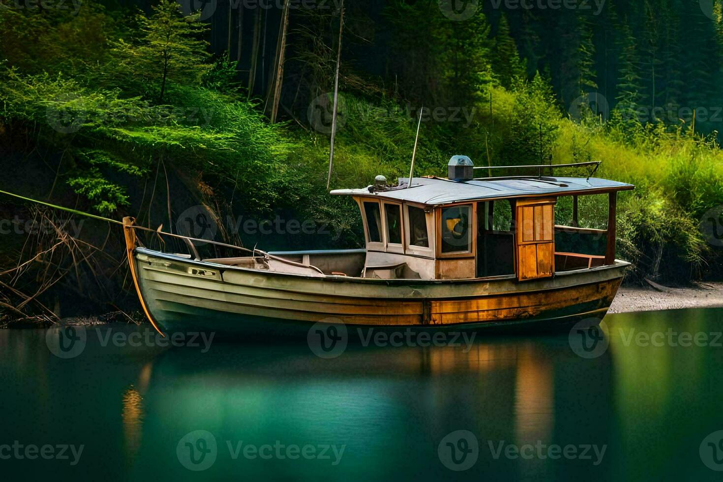 a boat sits on the water in front of a forest. AI-Generated photo