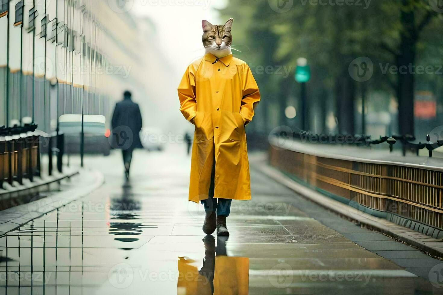 a cat wearing a yellow raincoat walking down a street. AI-Generated photo
