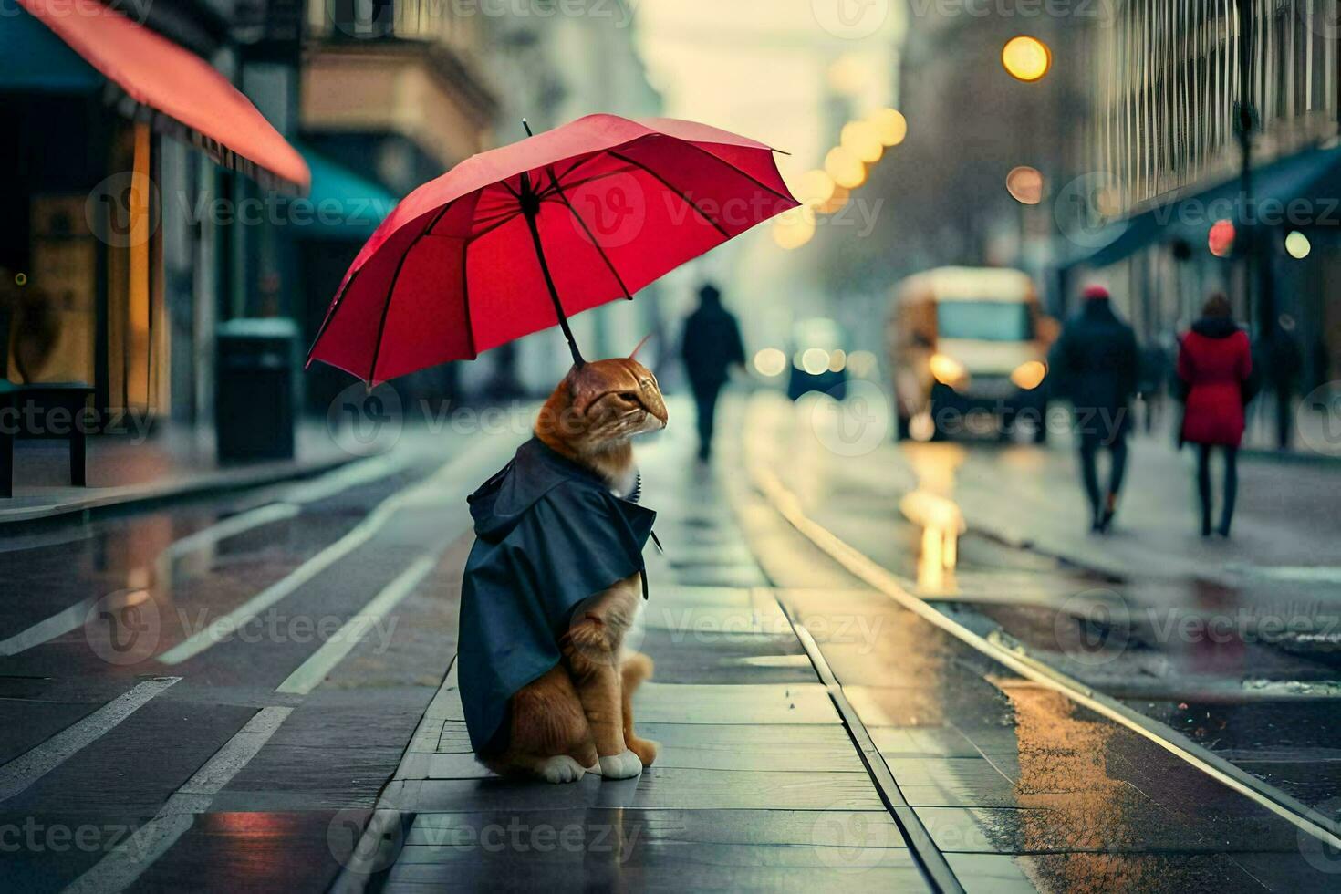 a cat sitting on the street with an umbrella. AI-Generated photo