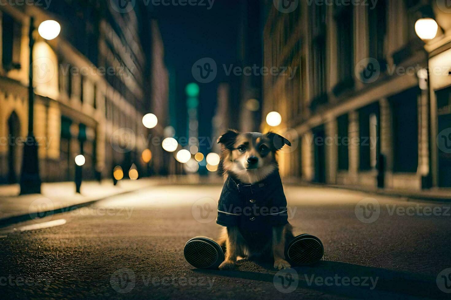 a dog sitting on the ground in the middle of a city street. AI-Generated photo