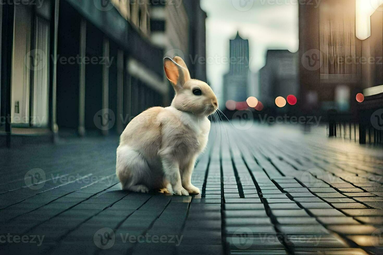 a rabbit sitting on the street in a city. AI-Generated photo