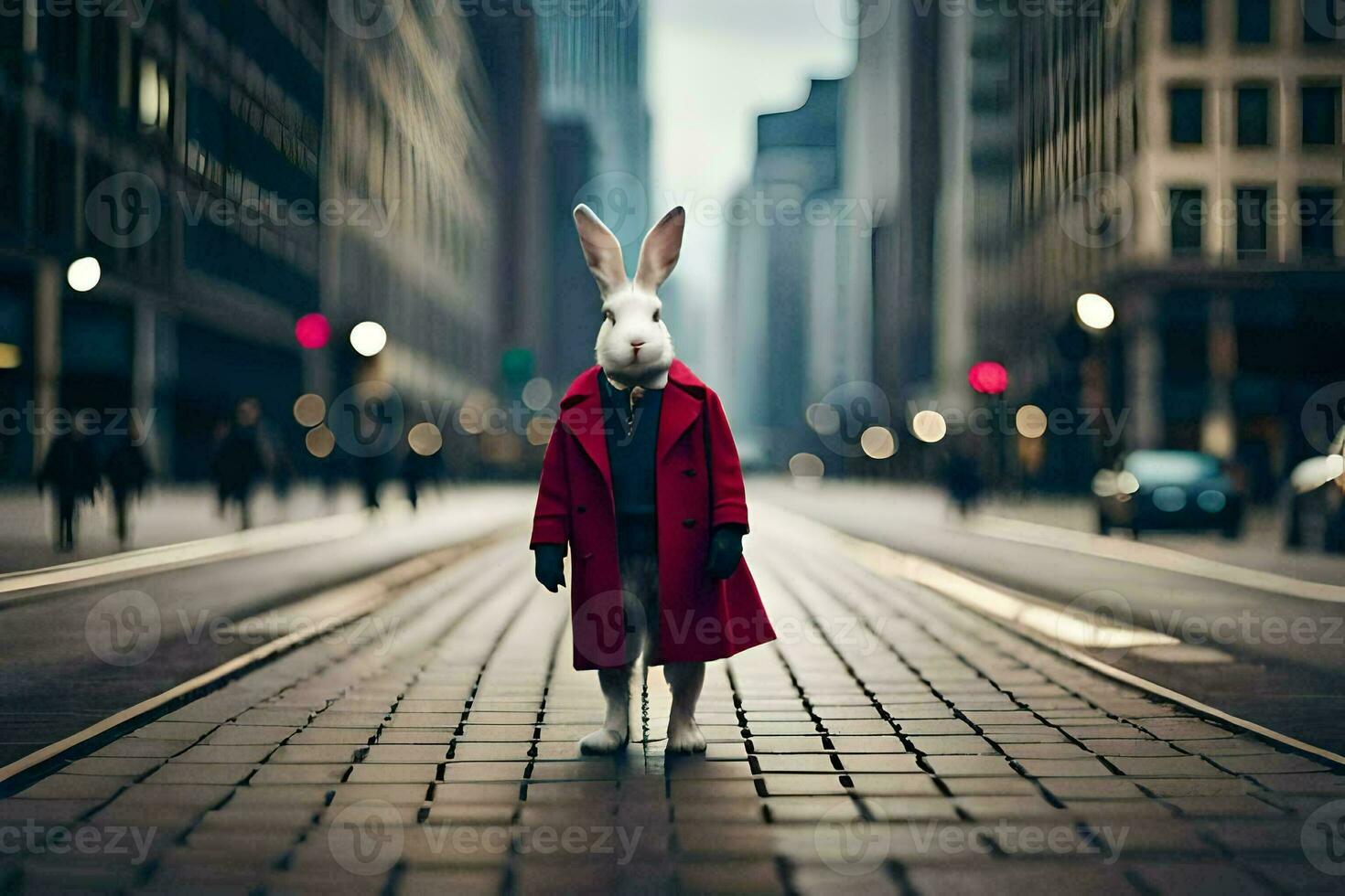 a rabbit wearing a red coat standing on a street. AI-Generated photo
