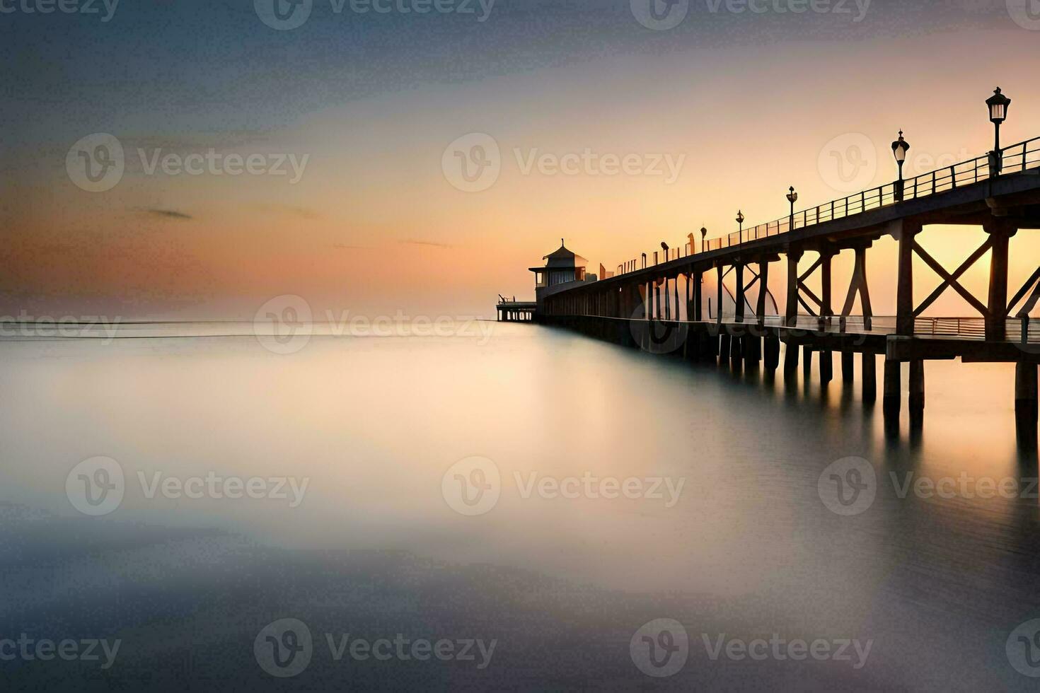 a long exposure photograph of a pier at sunset. AI-Generated photo