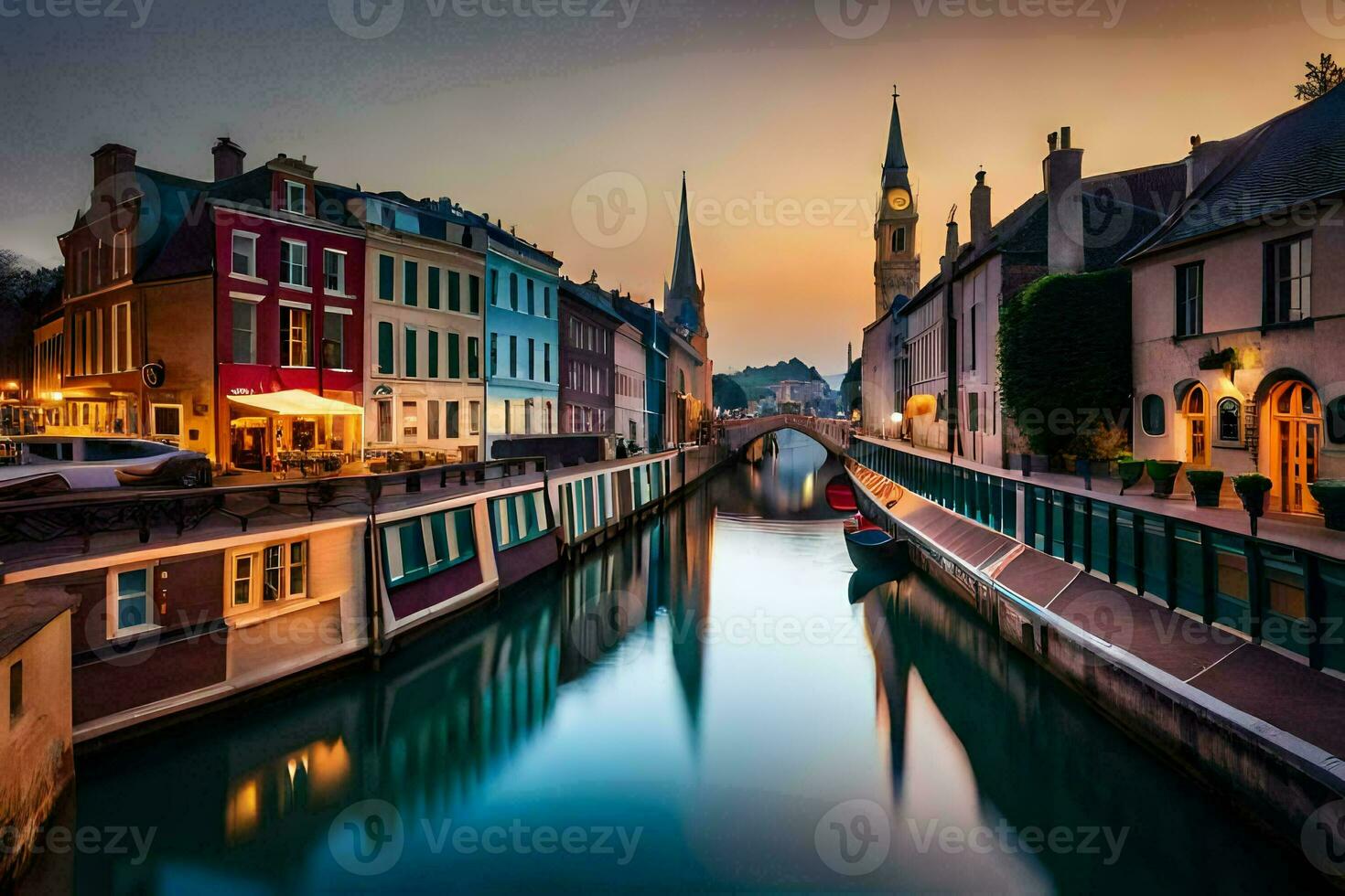 un canal en un ciudad a puesta de sol con edificios y barcos generado por ai foto