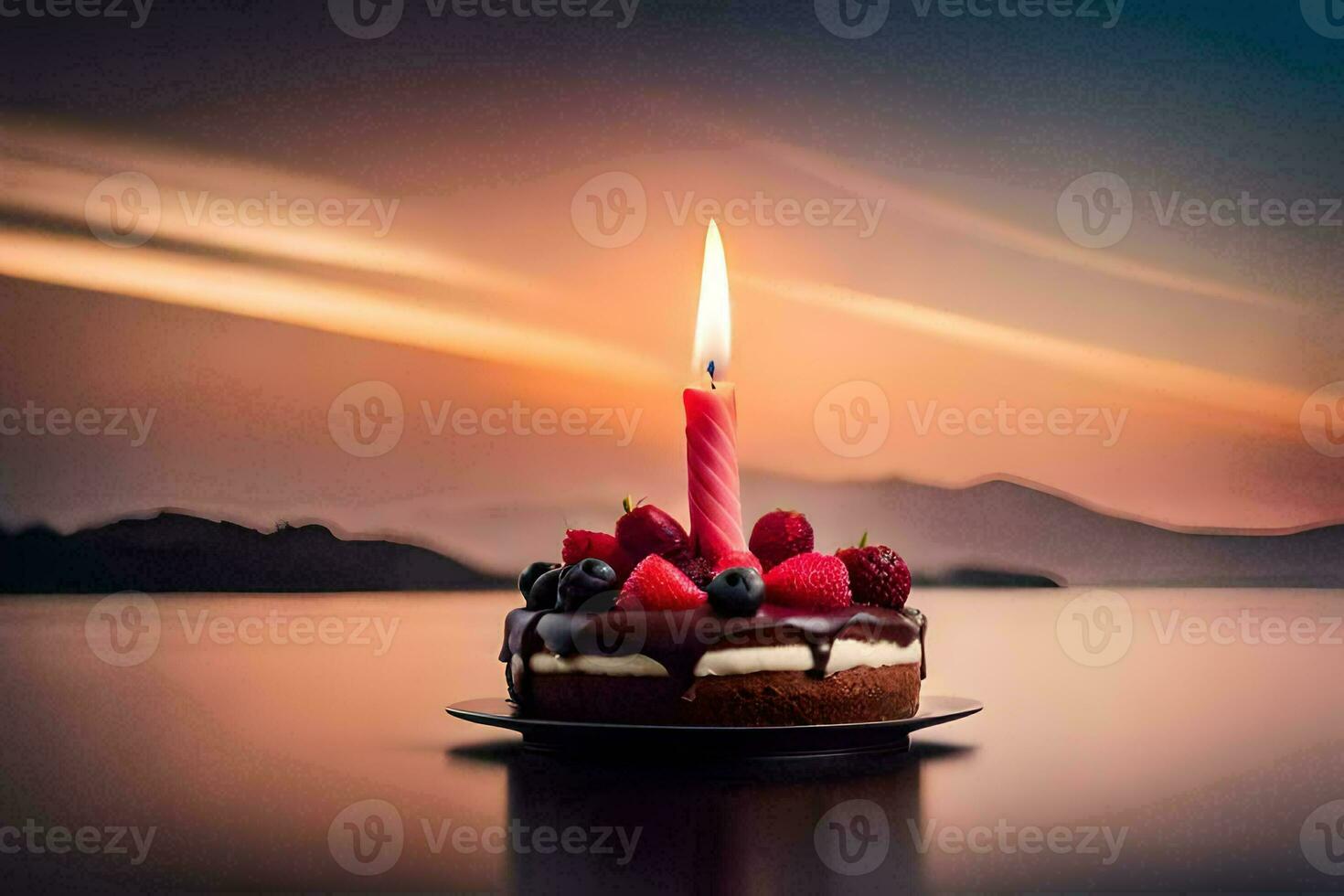 a birthday cake with a single candle on top. AI-Generated photo