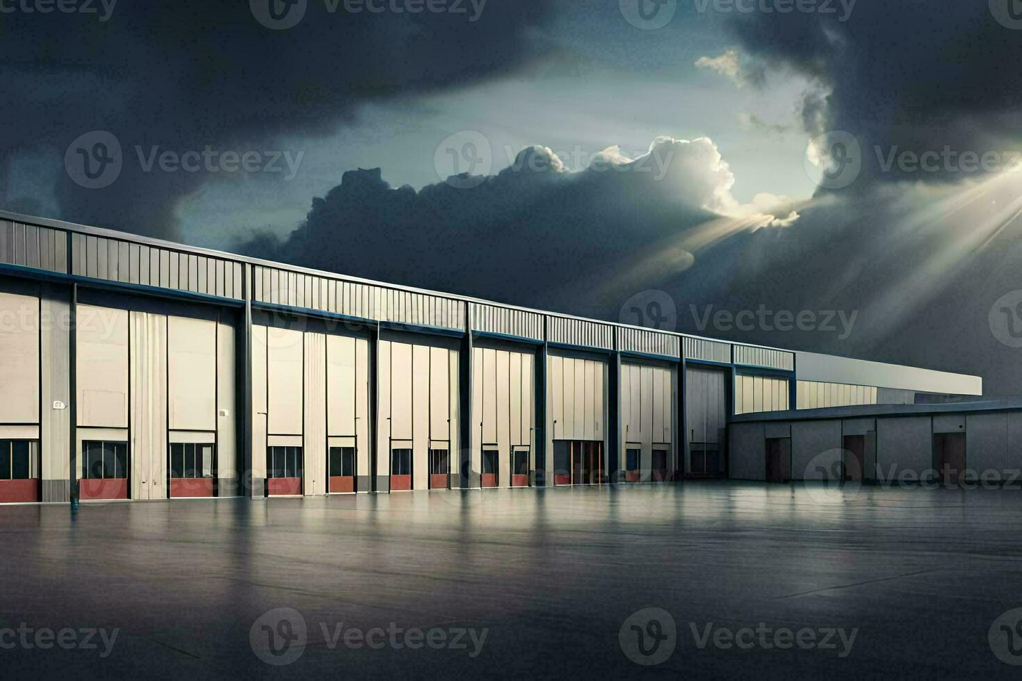 a large warehouse with dark clouds in the sky. AI-Generated photo