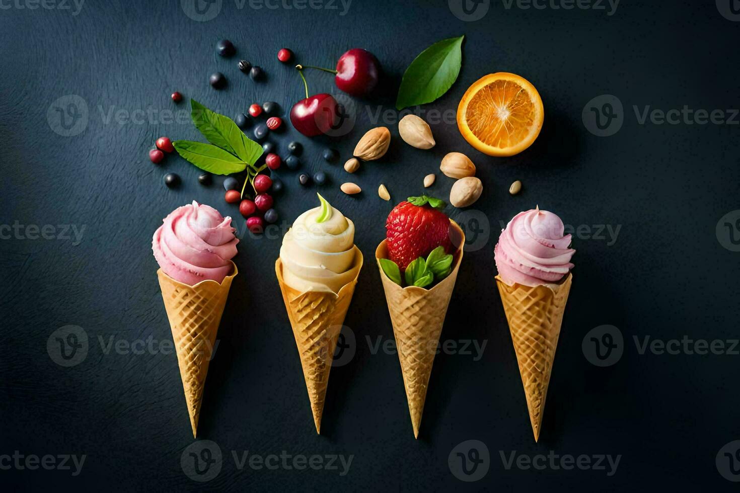 four ice cream cones with different flavors. AI-Generated photo