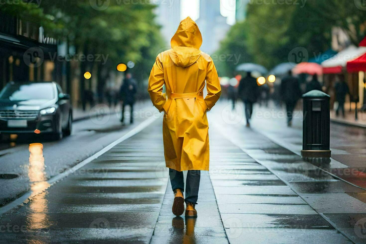 a person in a yellow raincoat walking down a street. AI-Generated photo