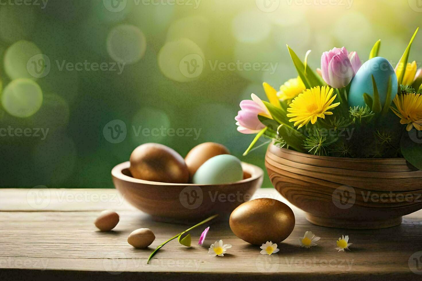 easter flowers in a wooden bowl on a table. AI-Generated photo
