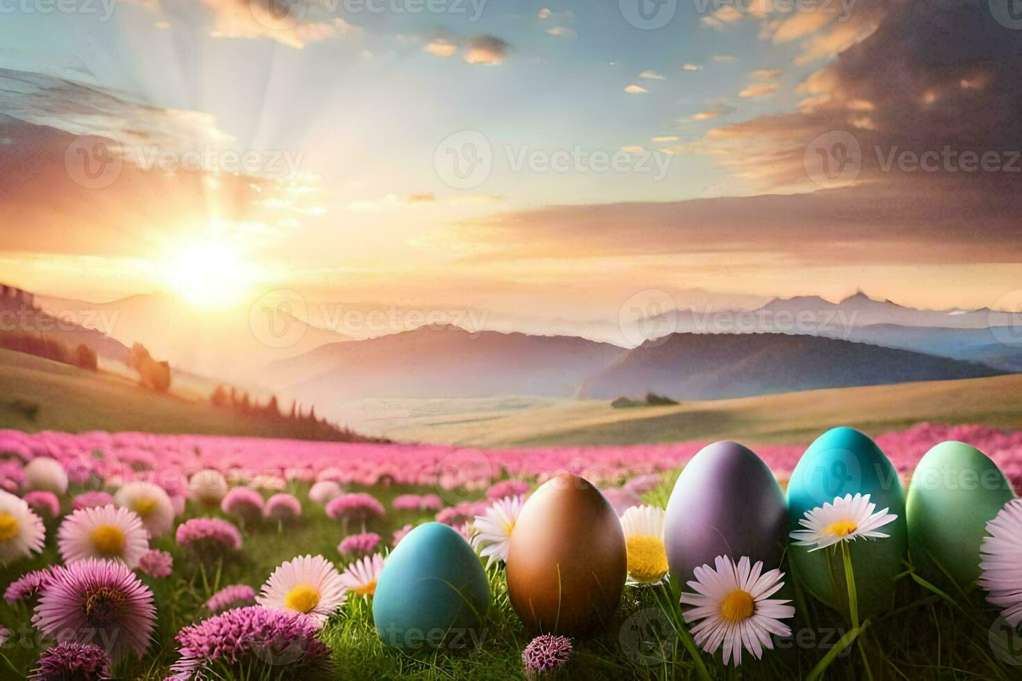 Pascua de Resurrección huevos en el prado. generado por ai foto