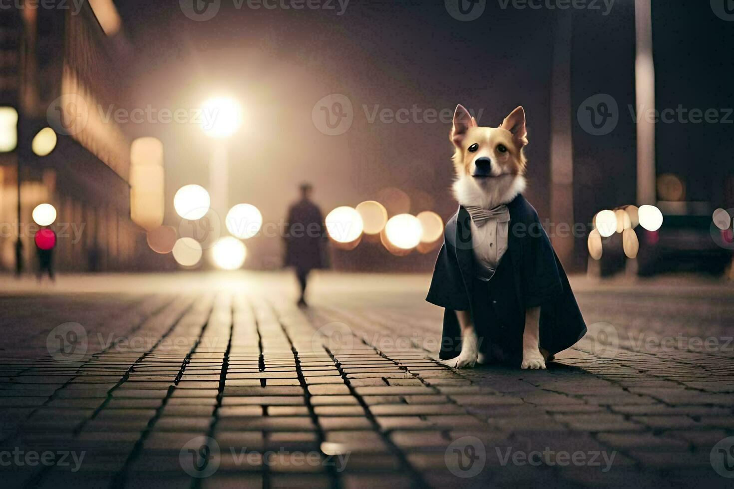 a dog dressed in a tuxedo standing on a street at night. AI-Generated photo