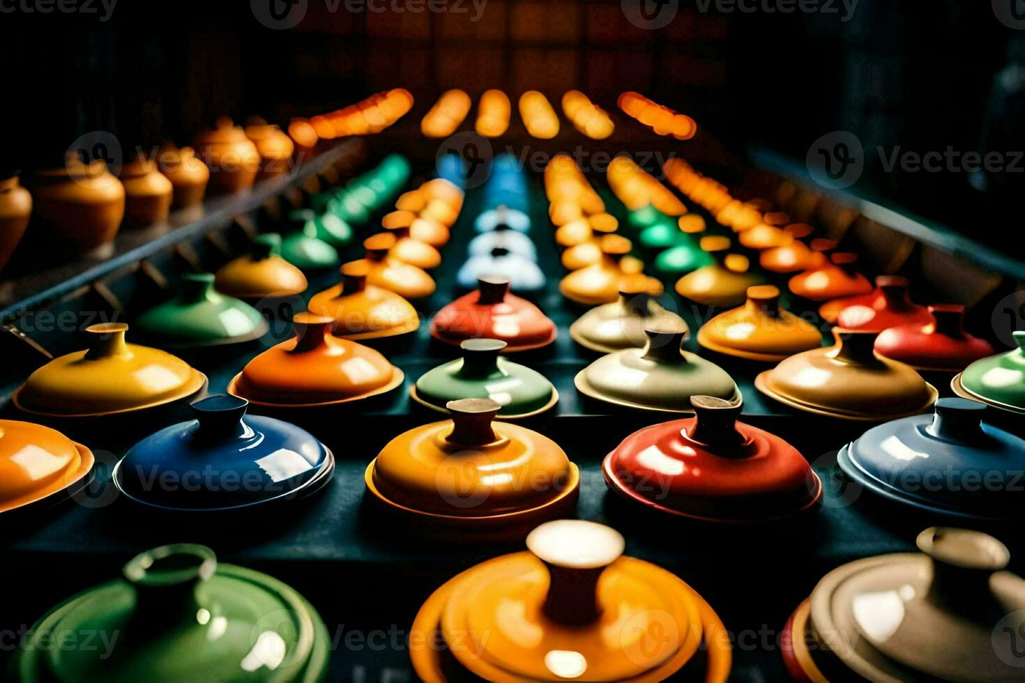 colorful pots and vases are lined up in a row. AI-Generated photo