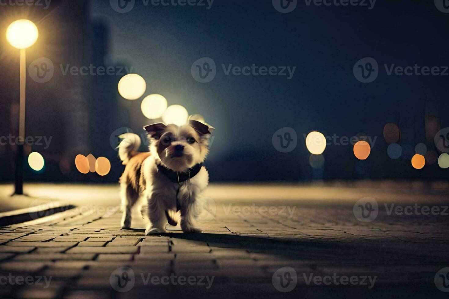a small dog is standing on a brick road at night. AI-Generated photo
