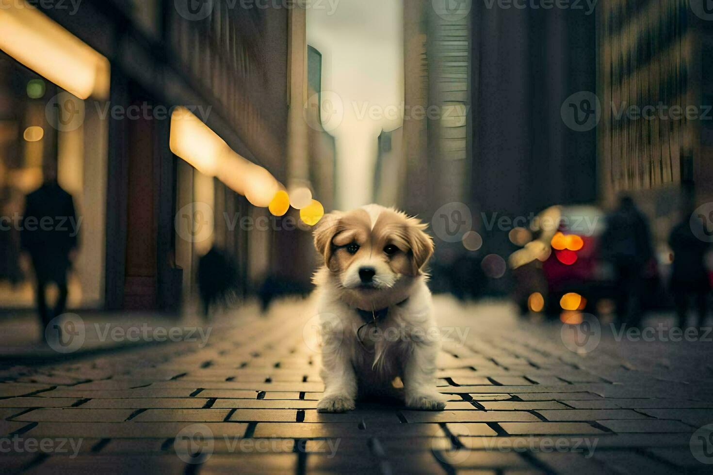 a puppy is sitting on the ground in a city. AI-Generated photo