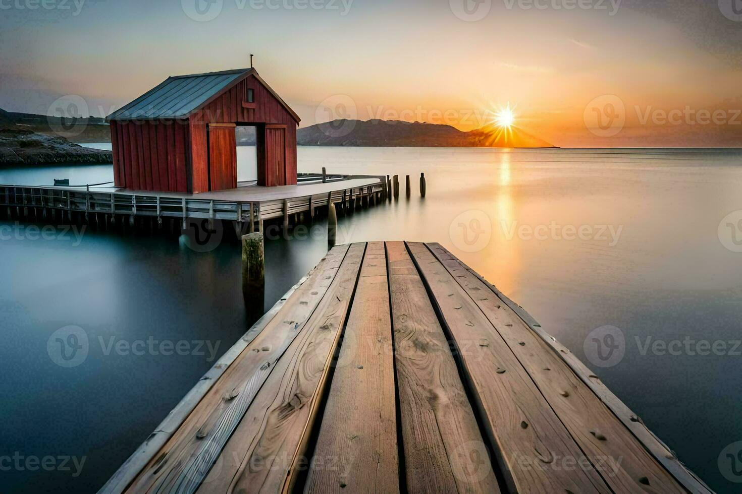 un rojo de madera muelle y un pequeño casa en el agua. generado por ai foto