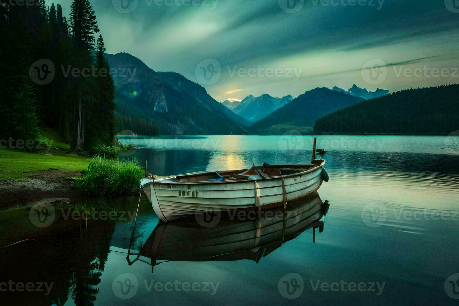 a boat sits on the shore of a lake. AI-Generated photo