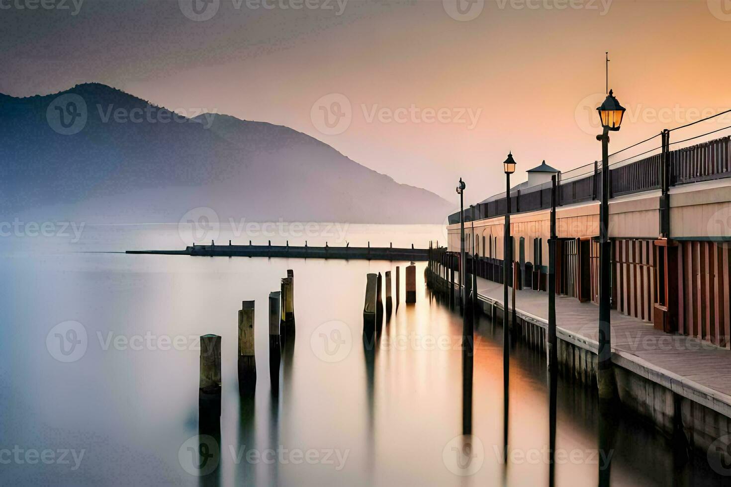 un muelle con un largo exposición de el agua. generado por ai foto