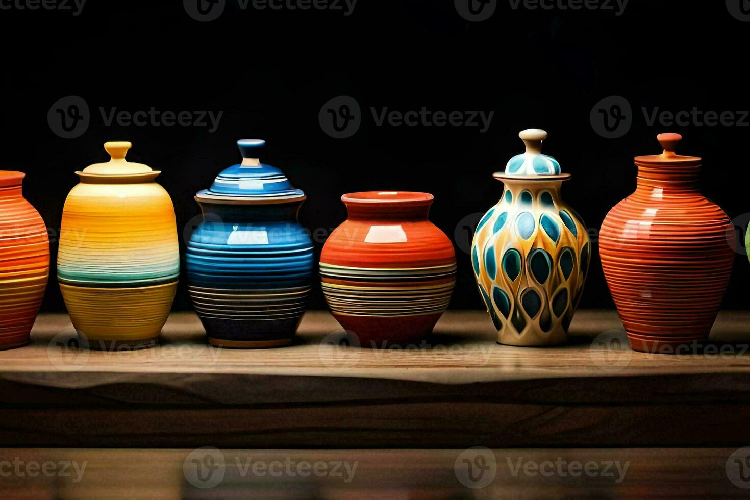 a row of colorful vases on a wooden table. AI-Generated photo