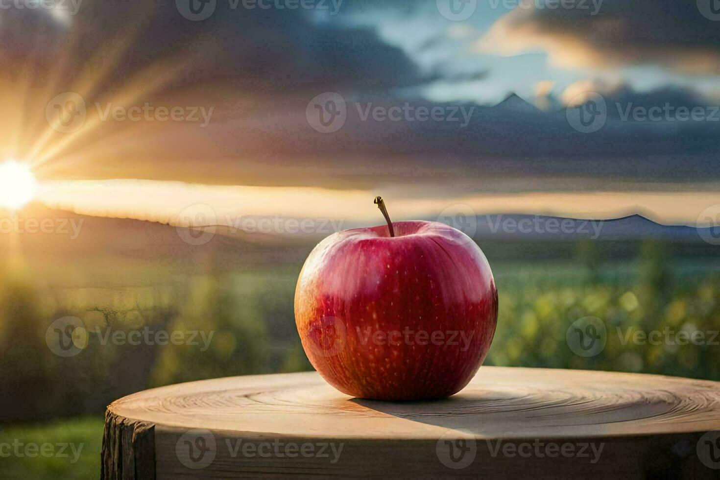 an apple sits on top of a stump in front of a sunset. AI-Generated photo