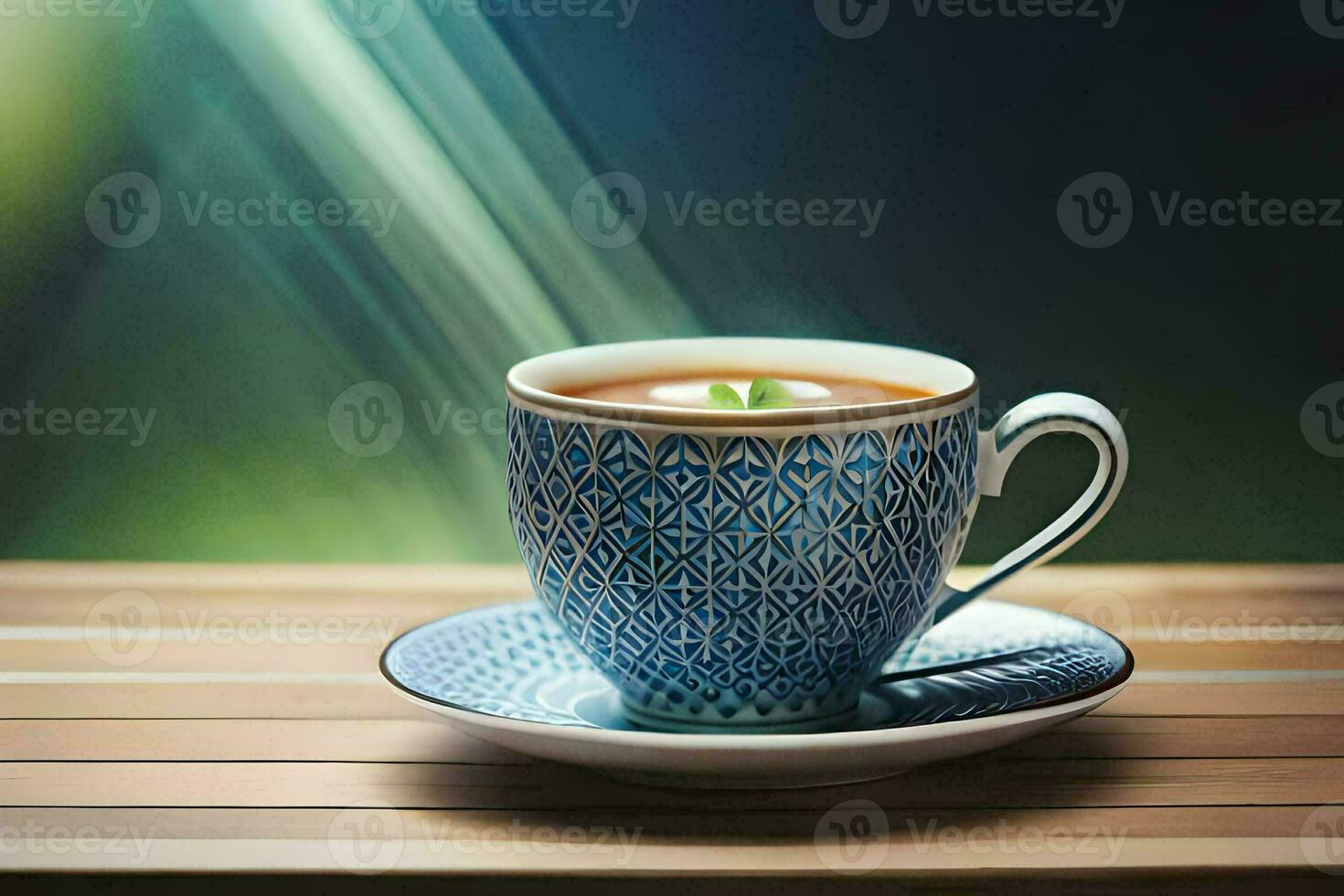 a cup of tea on a wooden table. AI-Generated photo