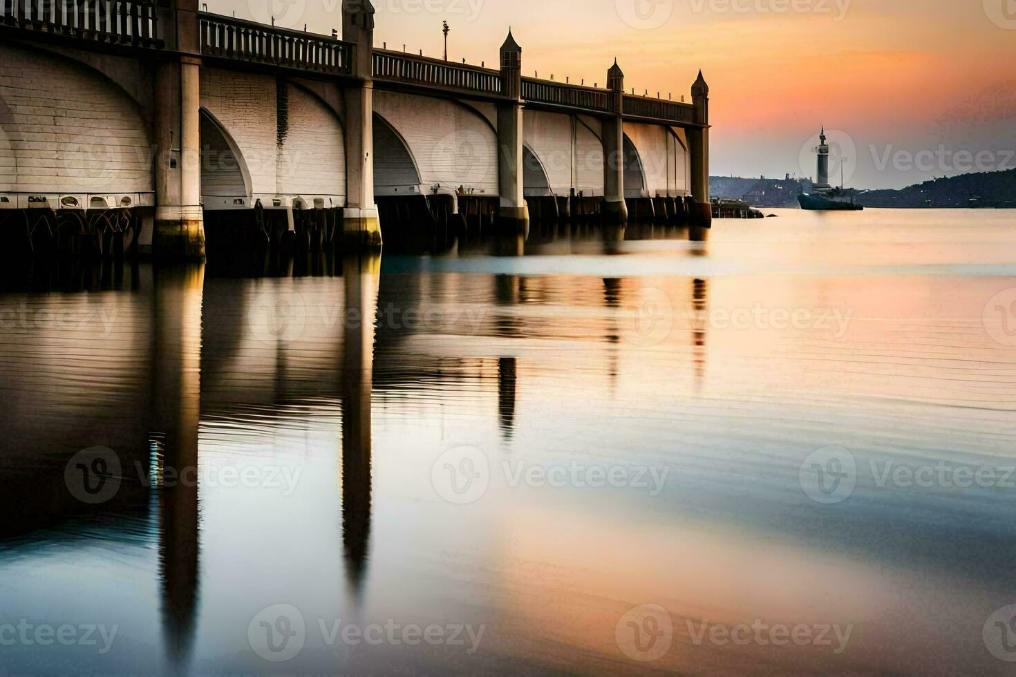 a bridge over water at sunset with a lighthouse in the background. AI-Generated photo
