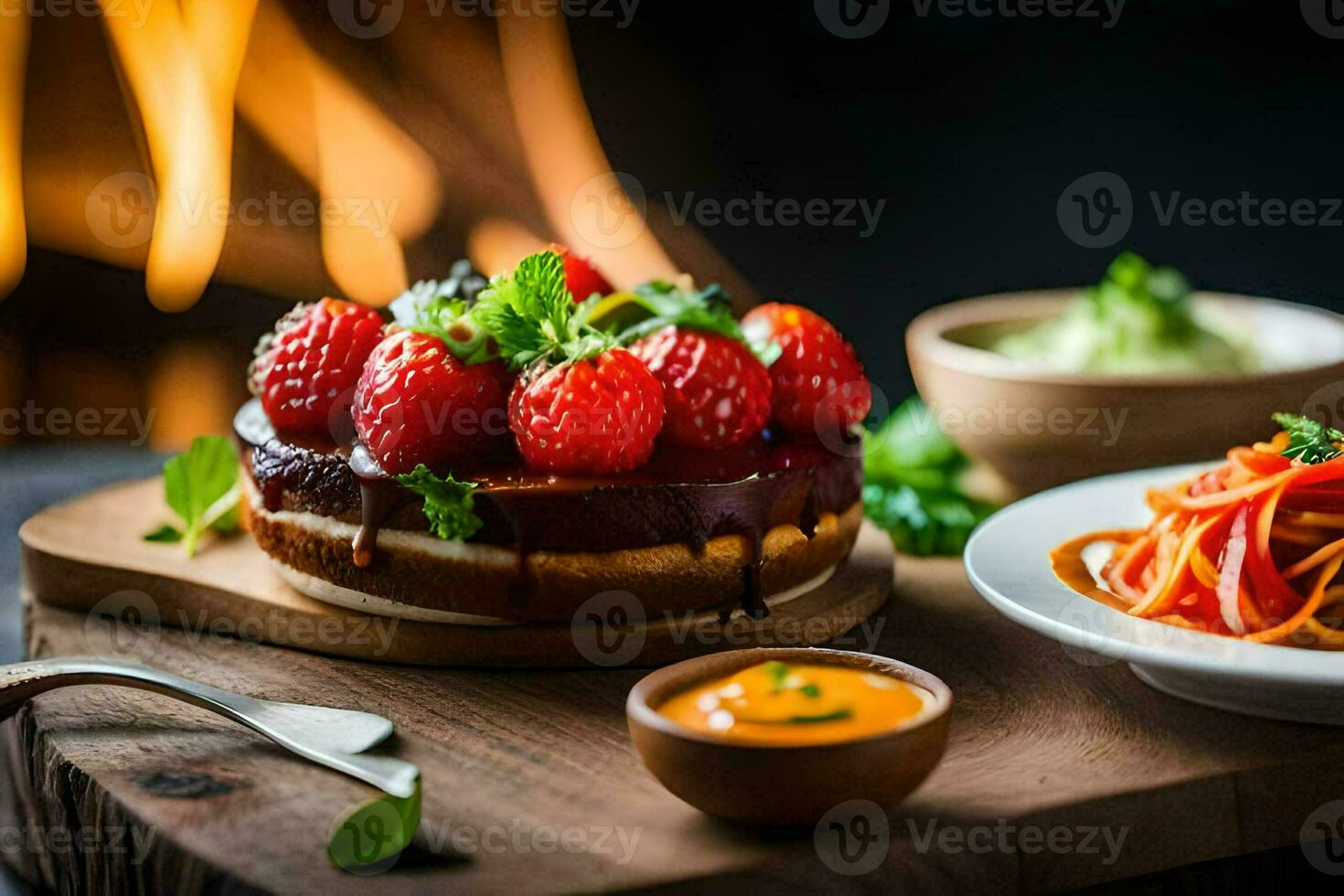 a plate with strawberries and a cake on a wooden table. AI-Generated photo
