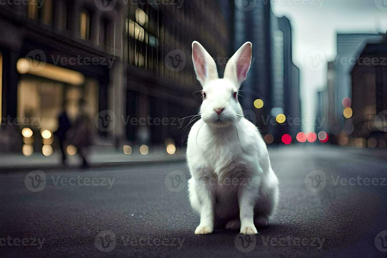 a white rabbit is sitting on the street. AI-Generated photo