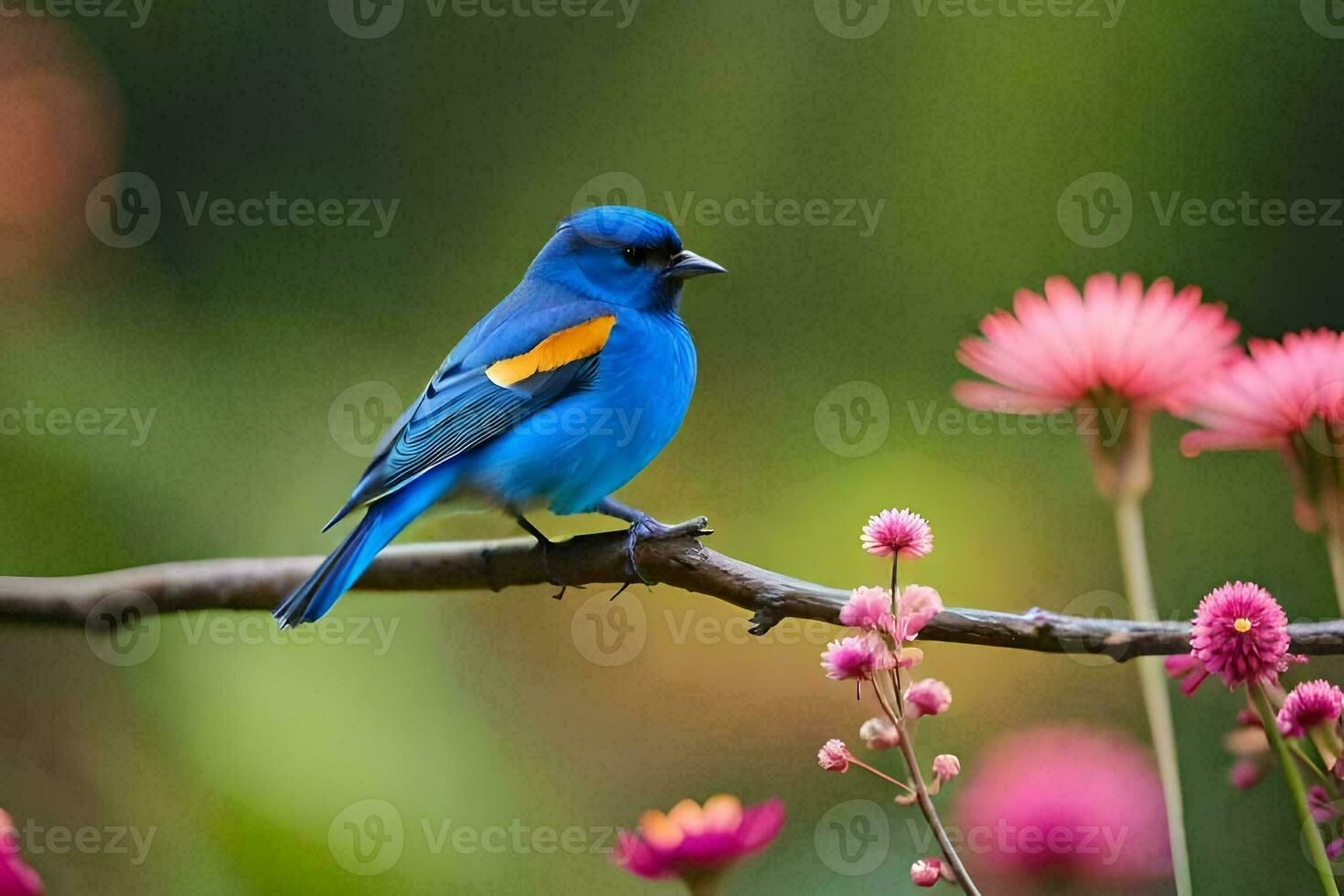 a blue bird sits on a branch with pink flowers. AI-Generated photo