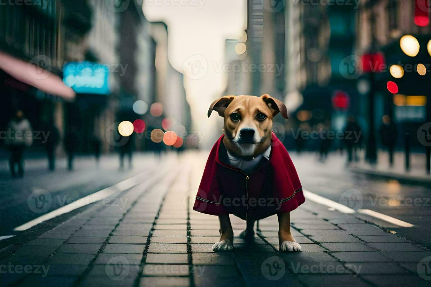 a dog wearing a red coat standing on a city street. AI-Generated photo